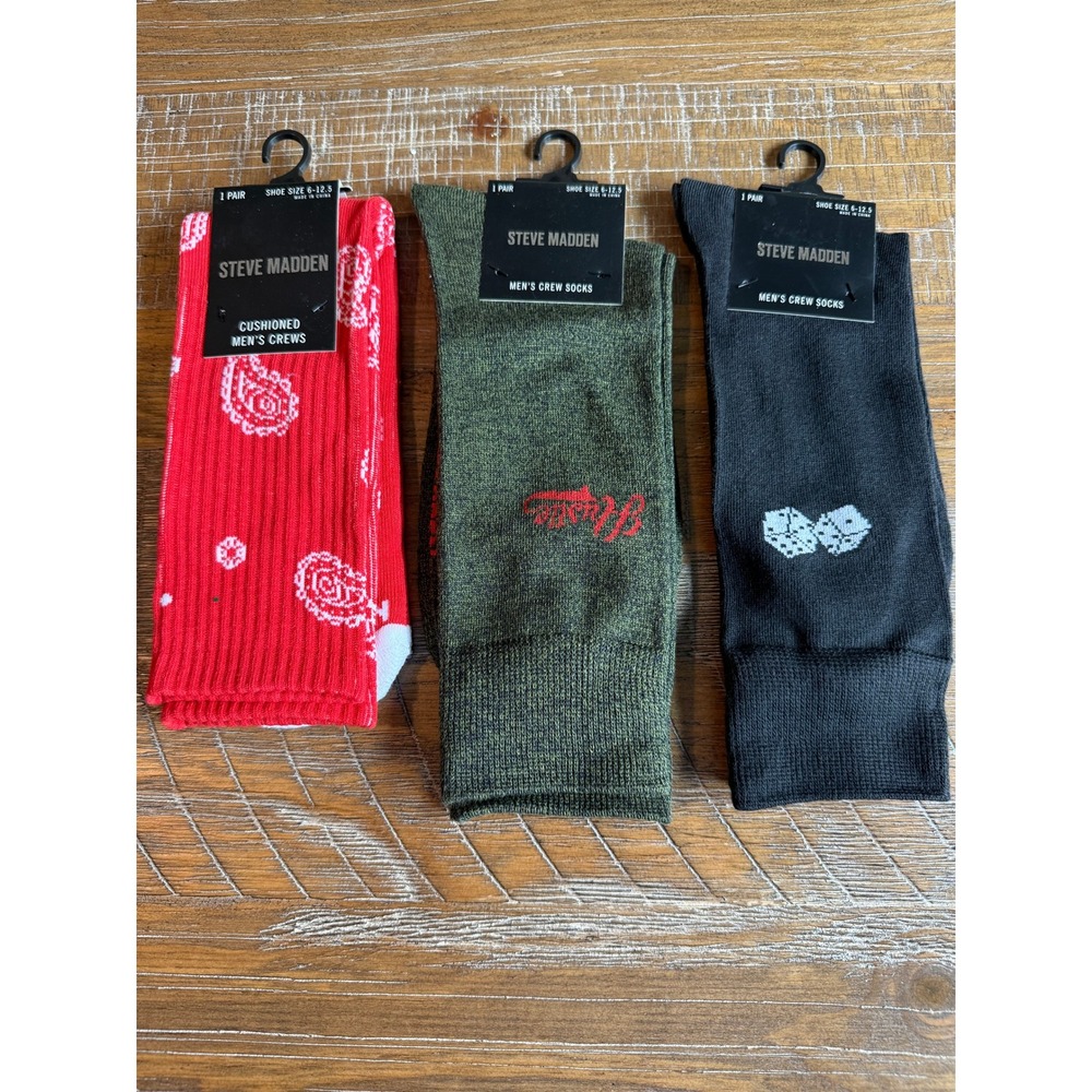NWT Steve Madden Mens Crew Socks LOT Red Paisley Olive Hustle Black Dice Edgy